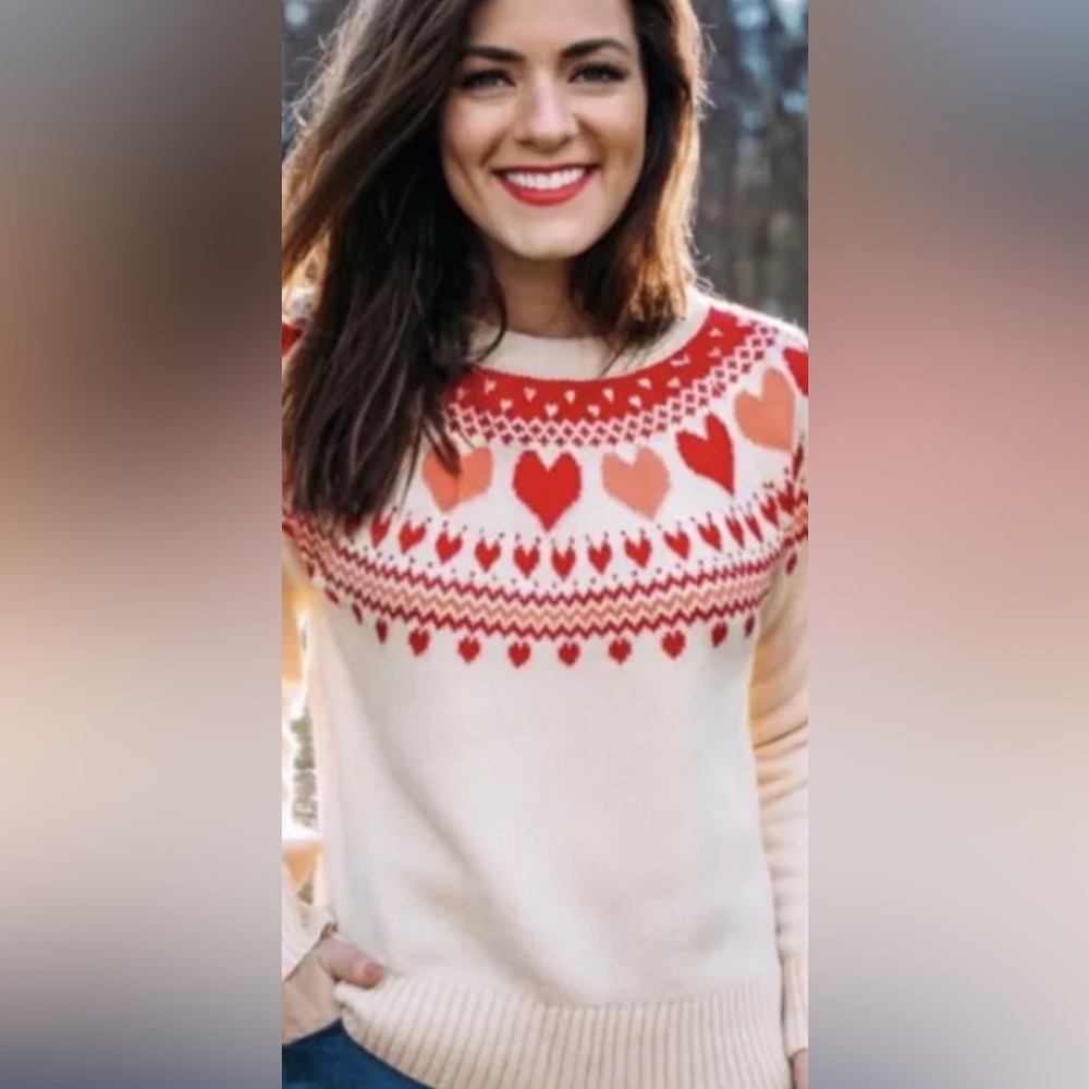 NWT Kiel James Patrick Heartwarmer in Ivory Pink Red Heart Wool Sweater XL